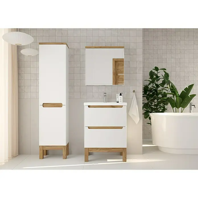 Badmöbel-Set Space System - 61 cm, Weiß/Eiche, Glänzend, Mit Schubladen - Badezimmer-Ensemble mit weißem Waschtischunterschrank, Hochschrank und Spiegel mit Holzdetails.