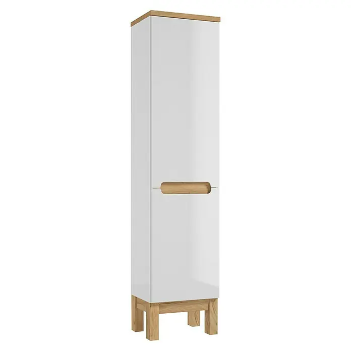 Hochschrank Space System - B x T x H: 40 x 32 x 173 cm, Weiß/Eiche, Glänzend - Schlanker, hochglanzweißer Schrank mit Griffen und Füßen aus hellem Holz für ein modernes, elegantes Erscheinungsbild. Viel Stauraum garantiert.