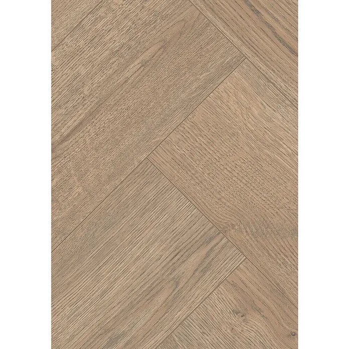 Egger Laminat NatureSense Herringbone - Turin Eiche, Fischgrät, 840 x 168 x 8 mm - Detailaufnahme eines hellen, modernen Holzfußbodens im Fischgrätmuster, ideal für stilvolle Innenräume.