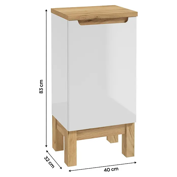 Unterschrank Space System - B x T x H: 40 x 32 x 83 cm, Weiß/Eiche, Glänzend - Ein stilvoller weißer Badezimmerschrank mit einer Holzplatte oben und einem Holzfußgestell für ein modernes und elegantes Erscheinungsbild.