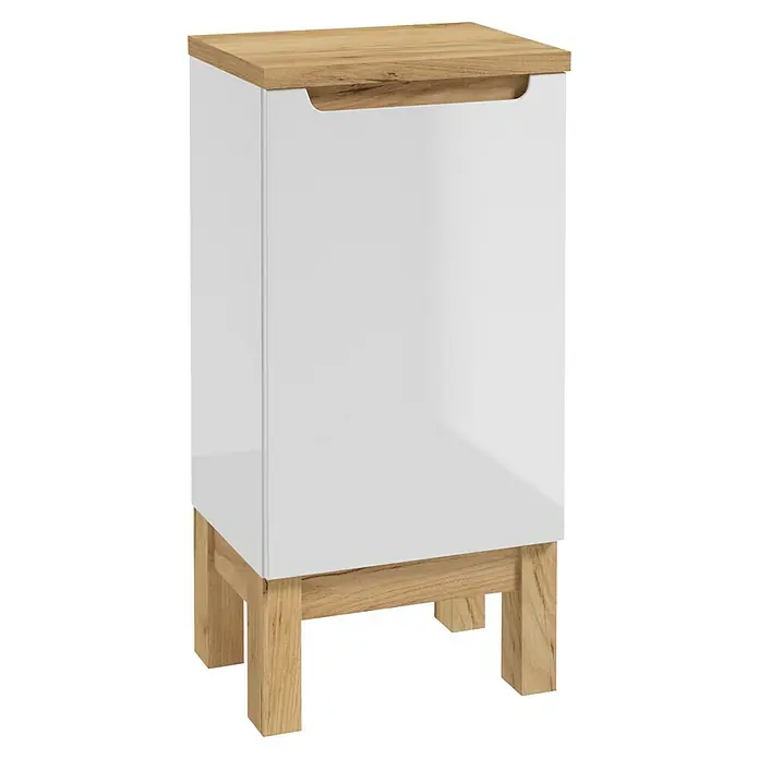 Unterschrank Space System - B x T x H: 40 x 32 x 83 cm, Weiß/Eiche, Glänzend - Ein moderner weißer Nachttisch mit einer Holzplatte oben und Holzbeinen, ideal für jedes Schlafzimmerdekor, mit schlichtem Design.