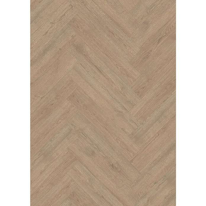 Egger Laminat NatureSense Herringbone - Turin Eiche, Fischgrät, 840 x 168 x 8 mm - Nahaufnahme eines hellbraunen Parkettbodens im Fischgrätmuster. Das natürliche Holzdesign ist sichtbar.