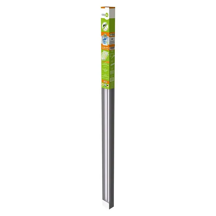 Easy Life easyLINE Sonnen-& Insektenschutz-Gitter - B x H: 140 x 170 cm, Montage Insektengitter: Schrauben - Nahaufnahme einer Fliegengittertür aus Aluminium, verpackt in einem länglichen Karton mit grünen Akzenten und Produktinformationen.