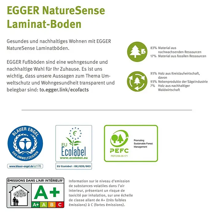 Egger Laminat NatureSense Skanderborg - Skanderborg Eiche braun, Sonstige, 1.292 x 327 x 8 mm - EGGER NatureSense Laminat-Boden: Umweltfreundlicher Bodenbelag mit Zertifizierungen wie Blauer Engel und PEFC für nachhaltiges Wohnen.