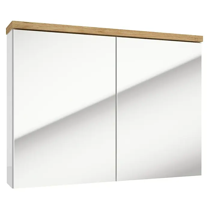 Spiegelschrank Space System - B x H: 80 x 60 cm, Holz, Weiß/Eiche - Ein moderner Spiegelschrank mit zwei weißen Türen und einer Abdeckung in Holzoptik. Ideal für Badezimmer und andere Räume.