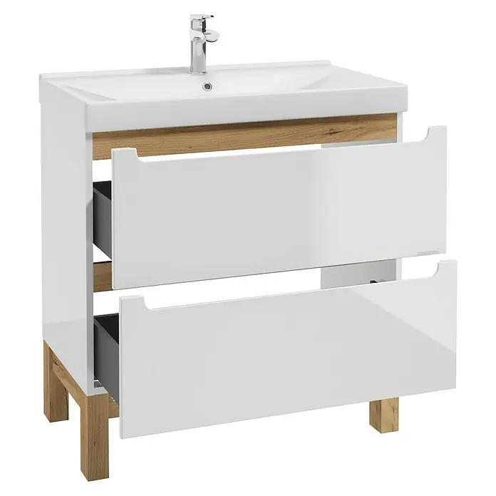 Badmöbel-Set Space System - 81 cm, Weiß/Eiche, Glänzend, Mit Schubladen - Ein moderner Waschtisch mit offenem Schubladendesign, ideal für stilvolle Badezimmer.