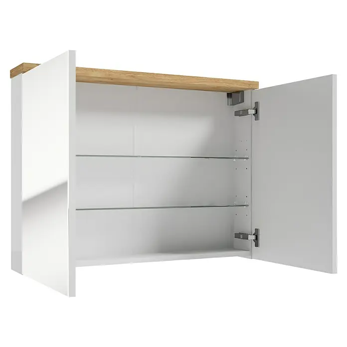 Spiegelschrank Space System - B x H: 80 x 60 cm, Holz, Weiß/Eiche - Aufnahme eines offenen Badezimmerschranks mit weißen Regalen und Holzakzenten.