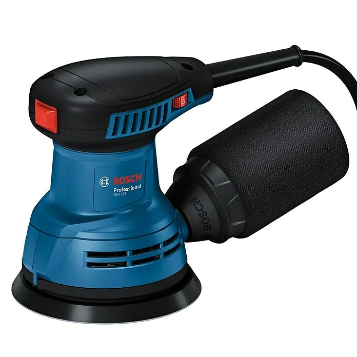 Bosch Professional Elektro-Exzenterschleifer GEX 125 - 290 W, Durchmesser Schleifteller: 125 mm - Abbildung eines Bosch GEX 125 Professional Exzenterschleifers in Blau und Schwarz, ein Werkzeug für professionelles Schleifen.