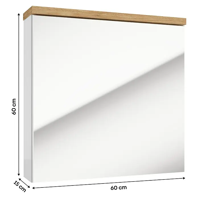 Spiegelschrank Space System - B x H: 60 x 60 cm, Holz, Weiß/Eiche - Das Bild zeigt einen stilvollen Spiegelschrank mit einer Holzkante und einem weißen Korpus, der modernes Design und Funktionalität vereint.