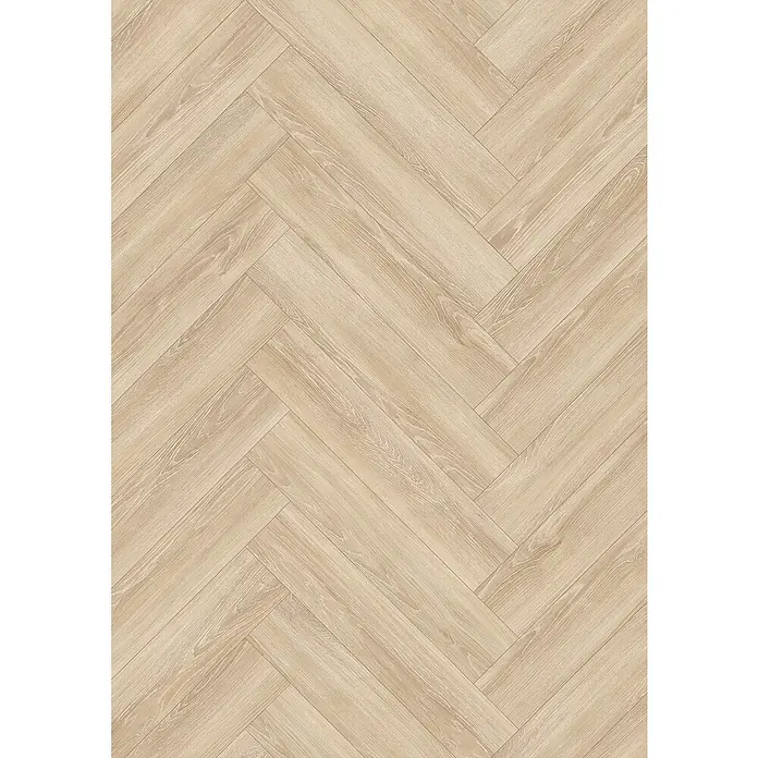 Egger Laminat NatureSense Herringbone - Newport Eiche creme, Fischgrät, 840 x 168 x 8 mm - Heller Holzboden im Fischgrätmuster. Die Oberfläche hat eine subtile Maserung, die dem Boden eine natürliche Optik verleiht.