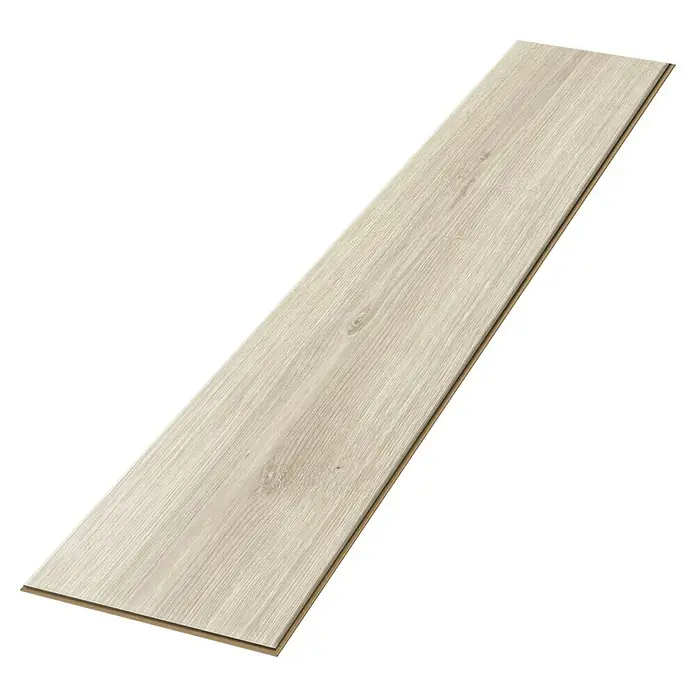 Egger Laminat NatureSense - Brook Eiche weiss, Landhausdiele, 1.292 x 193 x 7 mm - Ein einzelnes Laminatbrett in hellem Holzton, das die Textur und das Muster von Holzböden hervorhebt, ideal für moderne Innenräume.