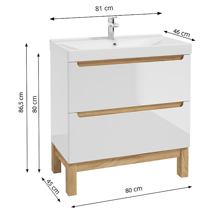 Badmöbel-Set Space System (81 cm, Weiß/Eiche, Glänzend, Mit Schubladen) | BAUHAUS