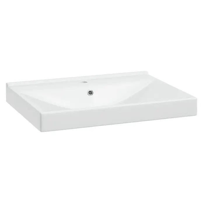 Badmöbel-Set Space System - 61 cm, Weiß/Eiche, Glänzend, Mit Schubladen - Ein moderner, weißer Waschbecken für das Badezimmer. Das Waschbecken hat eine rechteckige Form und ein minimalistisches Design mit einem runden Abfluss.