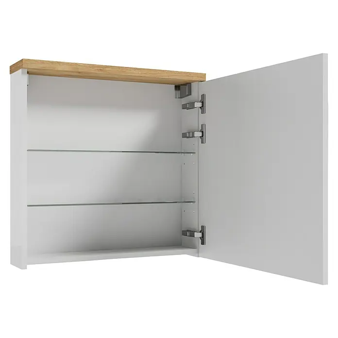 Spiegelschrank Space System - B x H: 60 x 60 cm, Holz, Weiß/Eiche - Offener Spiegelschrank mit Glasböden und Holzakzent. Praktische Badmöbel zur Aufbewahrung von Kosmetik und Badutensilien.