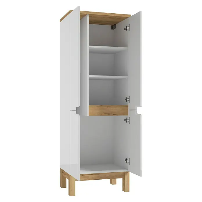 Hochschrank Space System - B x T x H: 60 x 46 x 173 cm, Weiß/Eiche, Glänzend - Das Bild zeigt einen weißen Hochschrank mit offenstehenden Türen, der Einblick in die Regale und das Holzinterieur gewährt.
