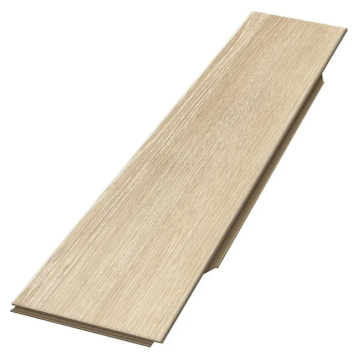 Egger Laminat NatureSense Herringbone - Newport Eiche creme, Fischgrät, 840 x 168 x 8 mm - Darstellung eines hellen Laminatbodens. Die Paneele zeigen eine natürliche Holzmaserung, ideal für moderne Innenräume.\n
