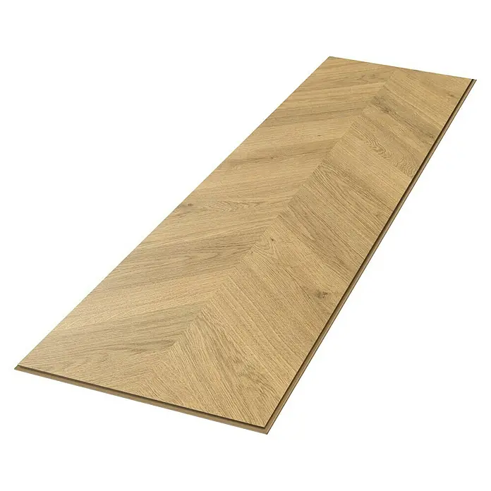 Egger Laminat NatureSense - Weinburg Eiche hell, Fischgrät, 1.292 x 327 x 8 mm - Bild einer einzelnen Fischgrätparkettfliese mit hellem Holzmaserungsmuster, perfekt für stilvolle Bodenbeläge.