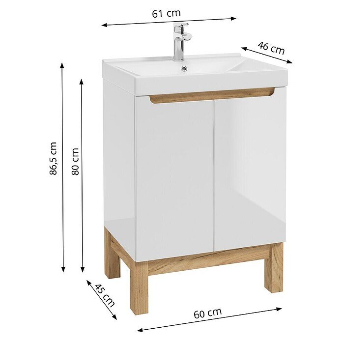 Badmöbel-Set Space System (61 cm, Weiß/Eiche, Glänzend, Mit Türen) | BAUHAUS