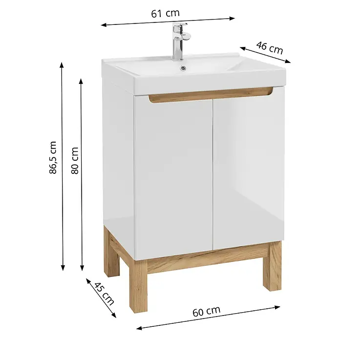 Badmöbel-Set Space System - 61 cm, Weiß/Eiche, Glänzend, Mit Türen - Produktansicht: Waschbeckenschrank mit klaren Linien und modernen Maßen für stilvolle Badezimmer.