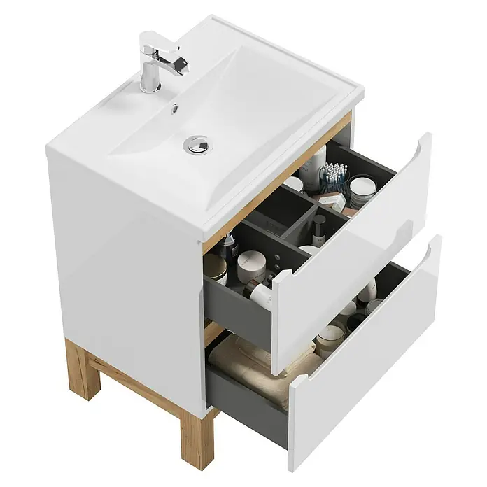 Badmöbel-Set Space System - 61 cm, Weiß/Eiche, Glänzend, Mit Schubladen - Modernes Waschbeckenmöbel mit Schubladen zur Aufbewahrung von Badutensilien, ergänzt jedes Badezimmer.
