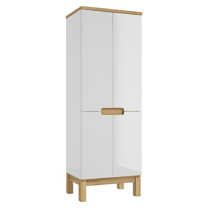 Hochschrank Space System - B x T x H: 60 x 46 x 173 cm, Weiß/Eiche, Glänzend - Weißer Kleiderschrank mit Holzdetails, der Funktionalität und Ästhetik vereint. Das Möbelstück ist ideal für moderne Wohnräume.