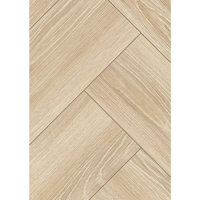 Egger Laminat NatureSense Herringbone - Newport Eiche creme, Fischgrät, 840 x 168 x 8 mm - Das Bild zeigt einen hellen Holzfußboden mit einem klassischen Fischgrätenmuster, ideal für moderne und traditionelle Innenräume.