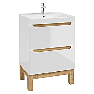 Badmöbel-Set Space System (61 cm, Weiß/Eiche, Glänzend, Mit Schubladen)