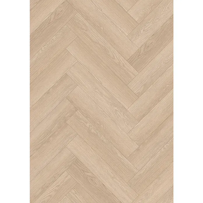 Egger Laminat NatureSense Herringbone - Baronia Eiche hell, Fischgrät, 840 x 168 x 8 mm - Helles Parkett im Fischgrätenmuster.