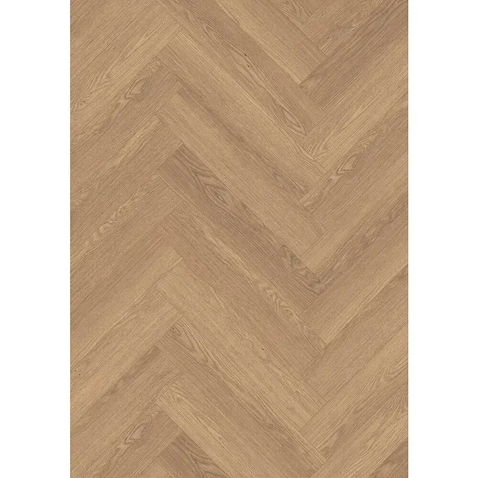 Egger Laminat NatureSense Herringbone - Baronia Eiche braun, Fischgrät, 840 x 168 x 8 mm - Detailaufnahme eines hellbraunen Holzfußbodens im Fischgrätmuster, ideal für moderne Innenräume.