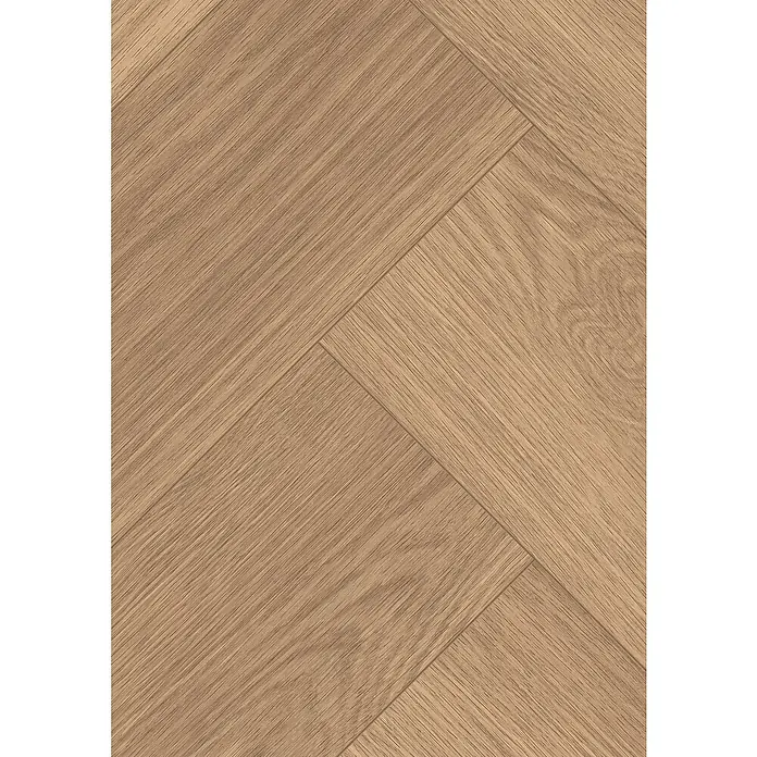 Egger Laminat NatureSense Herringbone - Baronia Eiche braun, Fischgrät, 840 x 168 x 8 mm - Holzfußboden mit Fischgrätmuster. Das Parkett ist hellbraun und zeigt eine natürliche Holzmaserung für ein elegantes Aussehen.