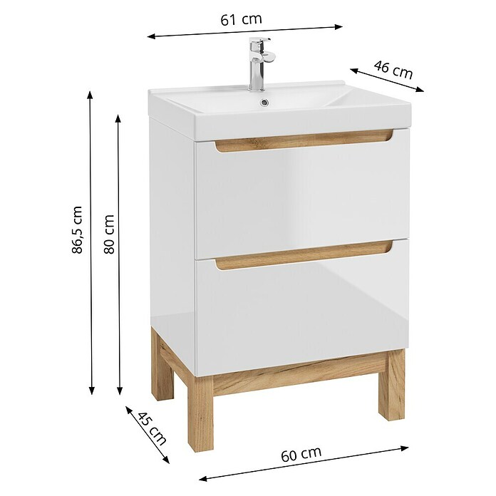 Badmöbel-Set Space System (61 cm, Weiß/Eiche, Glänzend, Mit Schubladen) | BAUHAUS