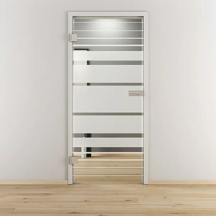 Diamond Doors Glasdrehtür Lines Flowing - 834 x 1.972 mm, DIN Links, Einscheibensicherheitsglas (ESG) - Elegante Glastür mit horizontalen Streifen.
