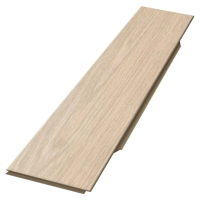 Egger Laminat NatureSense Herringbone - Baronia Eiche hell, Fischgrät, 840 x 168 x 8 mm - Nahaufnahme eines einzelnen hellen Holzdiele, die die natürliche Maserung und Textur des Holzprodukts hervorhebt.