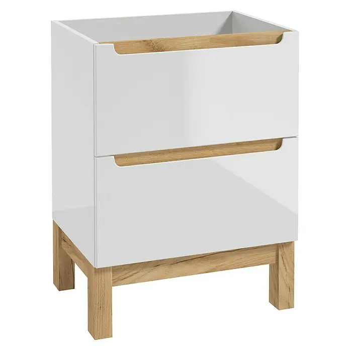 Badmöbel-Set Space System - 61 cm, Weiß/Eiche, Glänzend, Mit Schubladen - Weißer Waschbeckenunterschrank mit zwei Schubladen und Holzdetails, ideal für modernes Badezimmerdesign. Praktisch und stilvoll.