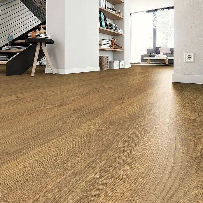 Egger Laminat NatureSense - Asgil Eiche honig, Landhausdiele, 1.292 x 193 x 8 mm - Attraktiver Holzboden in warmen Farbtönen, der dem Raum ein gemütliches und einladendes Ambiente verleiht. Perfekt für ein stilvolles Zuhause.