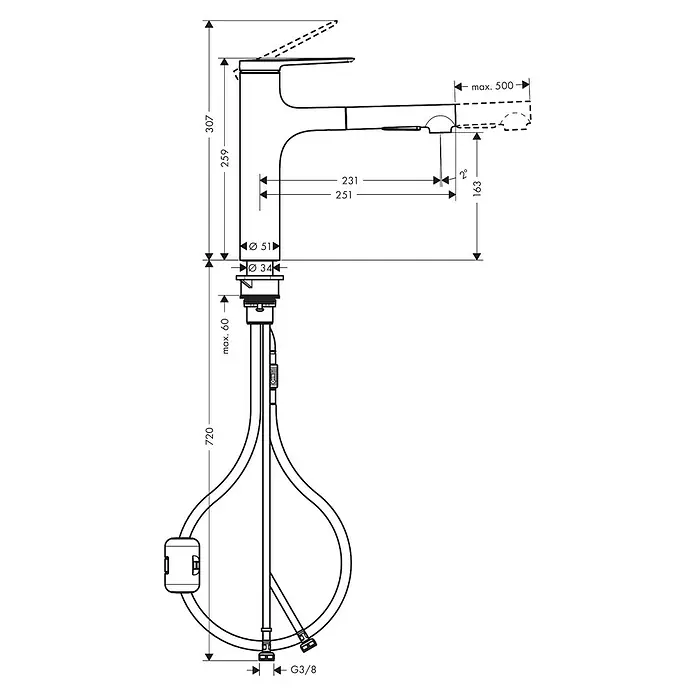 Hansgrohe Zesis M33 Spültischarmatur - Mattschwarz, Matt, Ohne sBox - Technische Zeichnung einer Küchenarmatur mit Maßen und Anschlussdetails.
