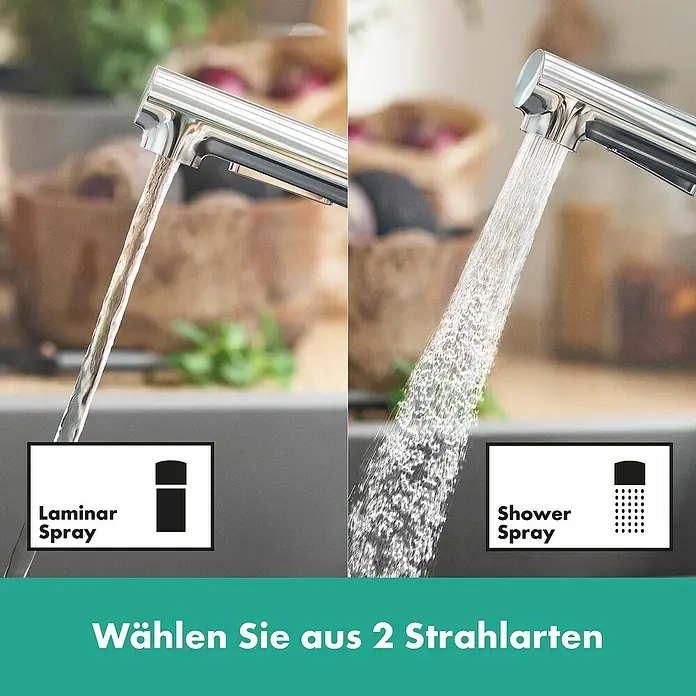 Hansgrohe Zesis M33 Spültischarmatur - Chrom, Glänzend, Ohne sBox - Chromfarbene Küchenarmatur mit zwei Strahlarten: einem laminaren Strahl und einem Duschstrahl.