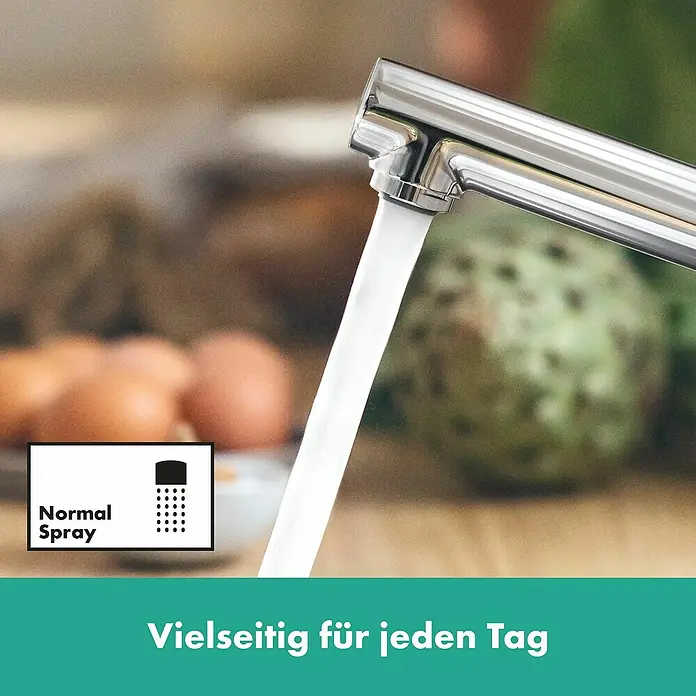 Hansgrohe Zesis M33 Spültischarmatur - Höhe: 272 mm, Chrom, Glänzend - Chrom-Küchenarmatur mit fließendem Wasser, zeigt eine Normalstrahl-Funktion und einen Text: „Normal Spray“.