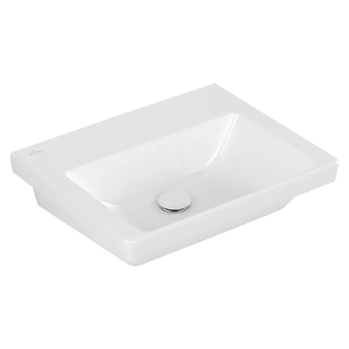 Villeroy & Boch Subway 3.0 Waschtisch - 55 x 44 cm, Mit schmutzabweisender Glasur, Hahnloch: Ohne, Ohne Überlauf, Weiß Alpin, Ungeschliffen, Waschbecken geeignet für: Halbsäule - Weißes, rechteckiges Keramik-Waschbecken mit integriertem Becken und Chrom-Ablaufventil.