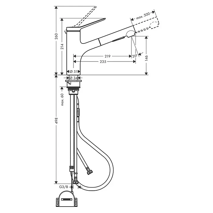 Hansgrohe Zesis M33 Spültischarmatur - Mattschwarz, Matt, Mit sBox - Technische Zeichnung einer Küchenarmatur mit Maßen und Installationsdetails.