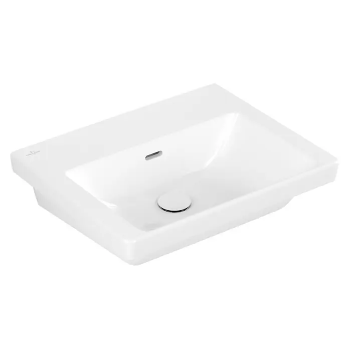 Villeroy & Boch Subway 3.0 Waschtisch - 57,5 x 46,5 cm, Ohne Spezialglasur, Hahnloch: Ohne, Mit Überlauf, Weiß Alpin, Waschbecken geeignet für: Halbsäule - Weißes, rechteckiges Keramik-Waschbecken mit Überlaufschlitz und weißer Ablaufabdeckung.