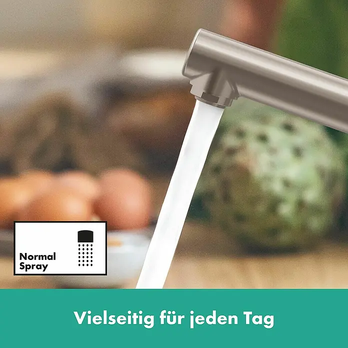 Hansgrohe Zesis M33 Spültischarmatur - Edelstahl Finish, Matt, Durchflussmenge: 11,6 l/min - Edelstahl-Küchenarmatur mit Wasserstrahl, zeigt 'Normal Spray' und Text 'Vielseitig für jeden Tag'.
