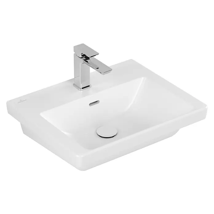 Villeroy & Boch Subway 3.0 Waschtisch - 55 x 44 cm, Mit schmutzabweisender Glasur, Hahnloch: Mitte, Mit Überlauf, Stone White, Waschbecken geeignet für: Halbsäule, Ungeschliffen - Weißes Keramikwaschbecken mit Chrom-Mischbatterie und Überlauf.