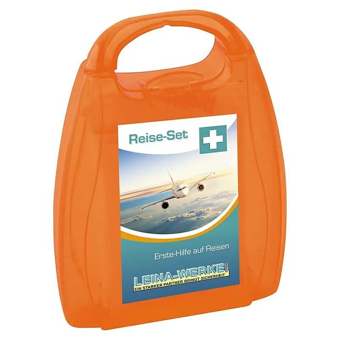 Leina-Werke Erste-Hilfe-Box Reise - Kunststoff - Reiseapotheke in einer orangefarbenen Kunststoffbox mit Tragegriff und Aufkleber mit Flugzeugmotiv für die Reiseapotheke.