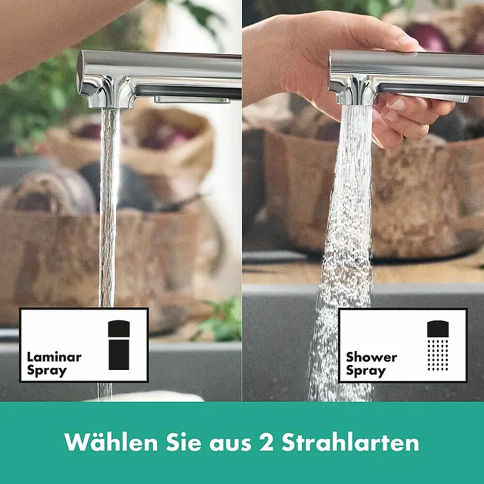 Hansgrohe Zesis M33 Spültischarmatur - Chrom, Glänzend, Mit sBox - Chrom-Küchenarmatur, die Laminar- und Duschstrahl-Wasserfunktionen zeigt.
