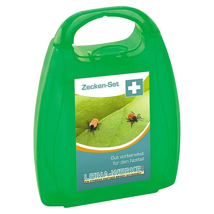 Leina-Werke Erste-Hilfe-Box Zecken - Kunststoff - Grüne Zecken-Set-Box mit Etikett, das Zecken auf einem Blatt und den Text "Zecken-Set" zeigt.