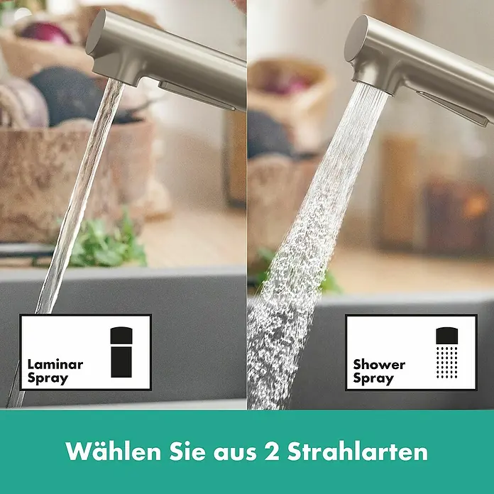 Hansgrohe Zesis M33 Spültischarmatur - Edelstahl Finish, Matt, Ohne sBox - Gebürstete Küchenarmatur in Metalloptik zeigt zwei Strahlarten: einen sanften Laminarstrahl und eine breite Brause.