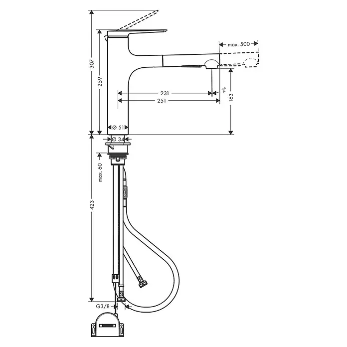 Hansgrohe Zesis M33 Spültischarmatur - Mattschwarz, Matt, Mit sBox - Technische Zeichnung einer Küchenarmatur mit herausziehbarer Brause, mit Maßen und Installationsdetails.