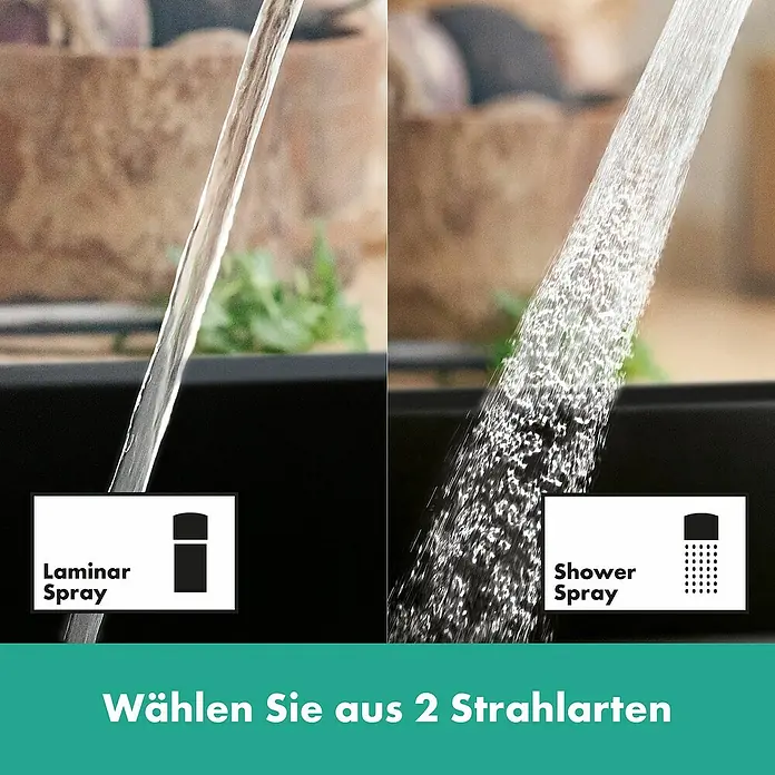 Hansgrohe Zesis M33 Spültischarmatur - Mattschwarz, Matt, Mit sBox - Zwei Wasserstrahlarten aus einem Wasserhahn: laminare Strömung und Duschstrahl.