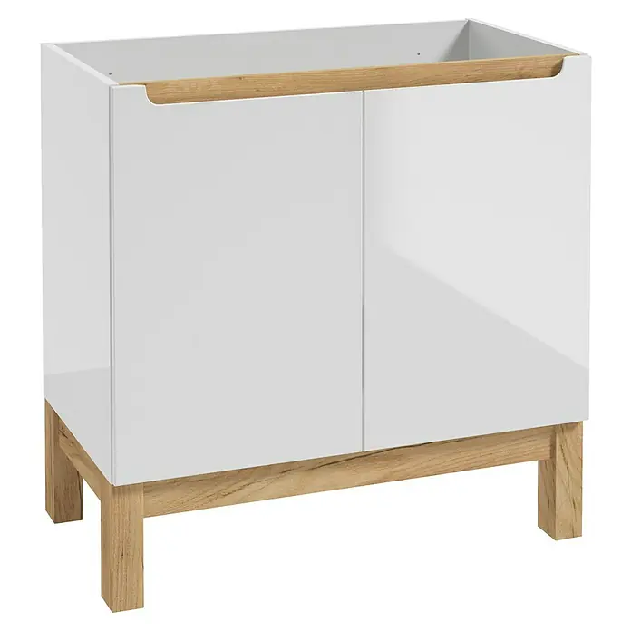 Badmöbel-Set Space System - 81 cm, Weiß/Eiche, Glänzend, Mit Türen - Ein moderner, weißer Waschtischunterschrank mit hellem Holzfußgestell und Griffleiste für ein stilvolles Badezimmer.